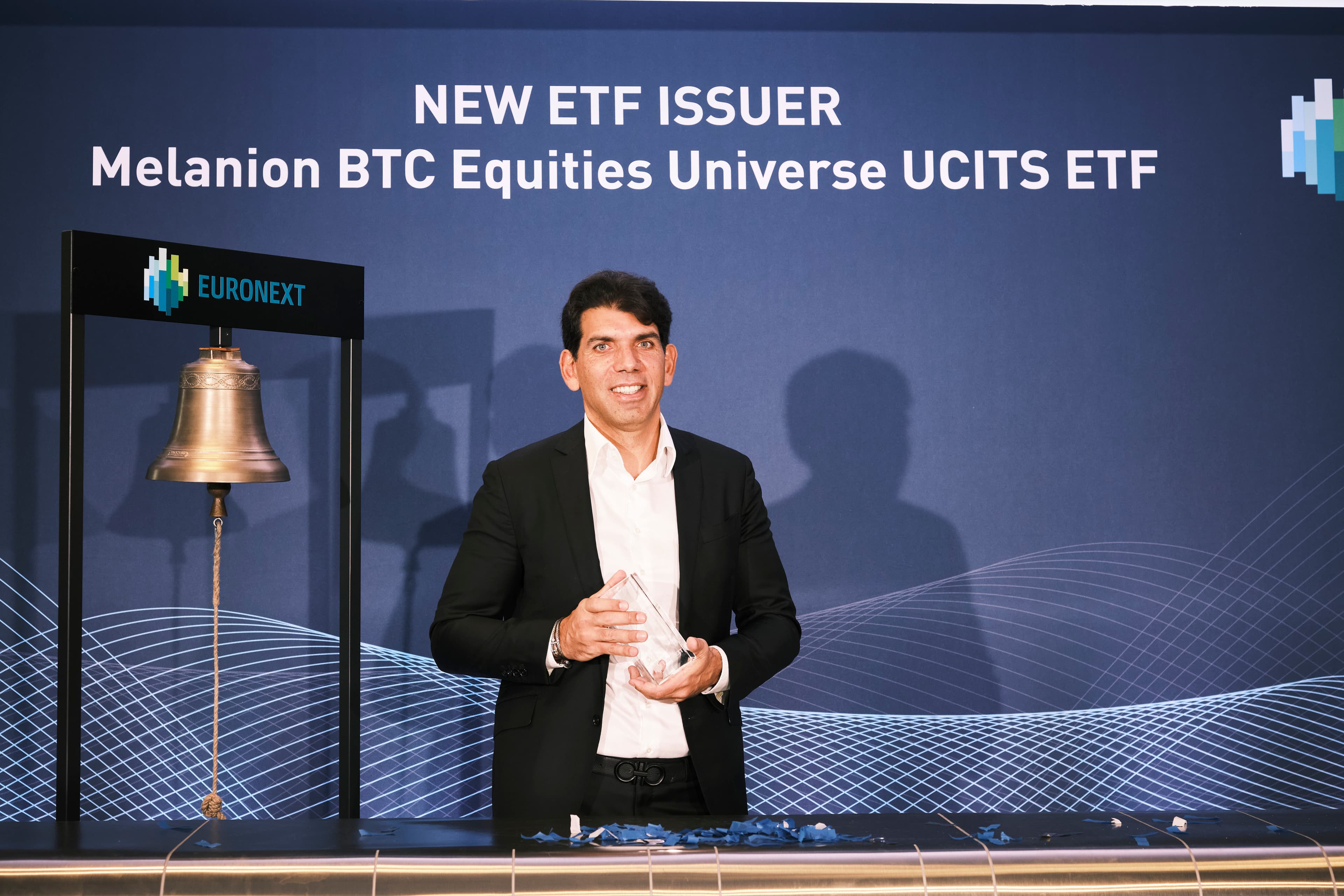 Jad Comair at the Euronext bell ceremony for the Melanion Bitcoin Equities UCITS ETF